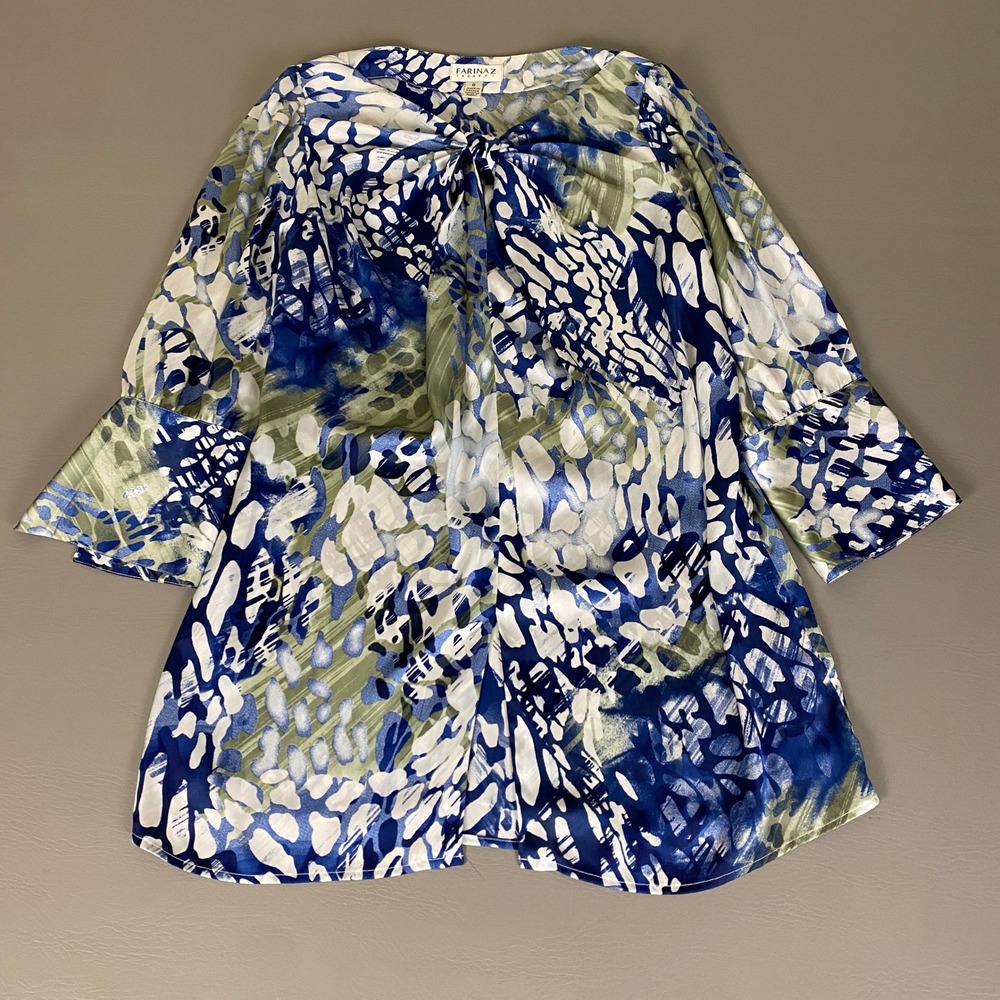Farinaz‎ Taghavi Tunic Top Blouse Women's 8 Blue Green Abstract Print Tie Neck